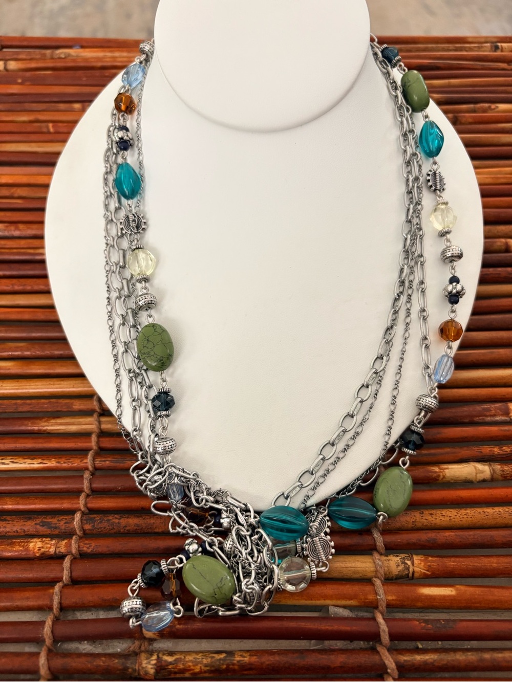 Premier Designs Layered Beaded Necklace Green, Teal, Amber and Silver 31”-36”